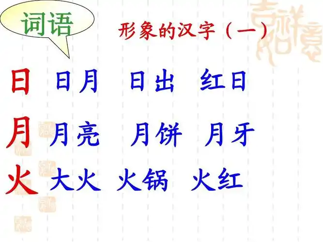 词语 形象的汉字(一) 日 日月 月 月亮 火 大火 日出 红日 月饼 月牙
