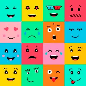 集合16个有趣的情绪表情脸. 五颜六色背景上的各种面孔.