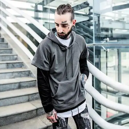 欧美高街头hiphop嘻哈潮牌撞色假两件套头卫衣男士暗黑系连帽衫男