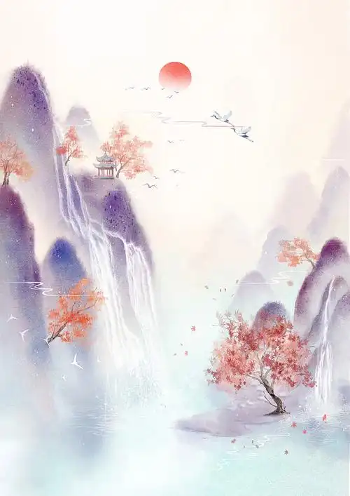 手绘中国风小清新水彩风格山水风景插画