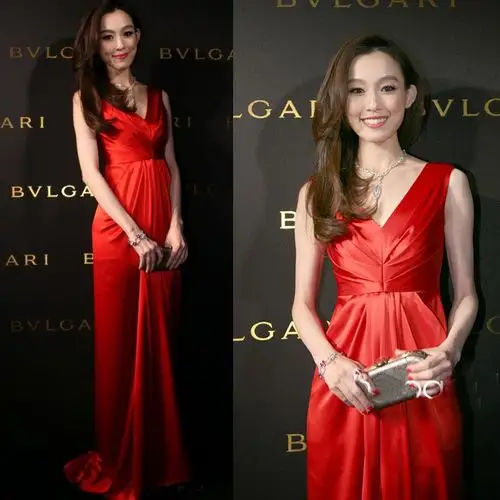 范玮琪红色优雅气质修身显瘦性感双肩长款晚礼服新娘结婚敬酒高档