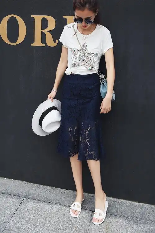 惟惟定制藏蓝色修身蕾丝中长款鱼尾裙高腰修身显瘦半身裙