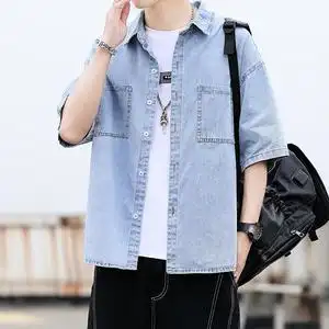 潮牌短袖牛仔夹克男夏季宽松休闲落肩五分袖衬衫潮流工装上衣外套