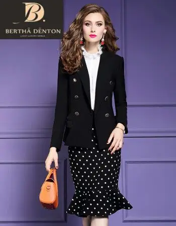丹顿品牌西装套装女秋季2018新款长袖外套波点半身裙ol两件套 黑色 s
