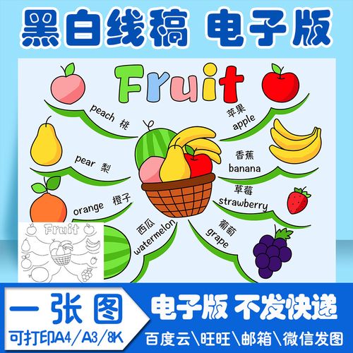 水果英语手抄报模板英文思维导图电子版黑白线稿图a3 a4 8k