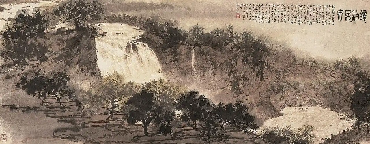 描绘了我国东北地区镜泊湖瀑布泉轰瀑鸣,声震山谷,雷霆疾走的壮阔景色