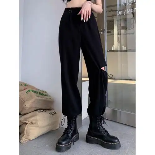 时尚秋冬季爆款破洞休闲裤女夏季新宽松显瘦黑色直筒束脚工装裤子