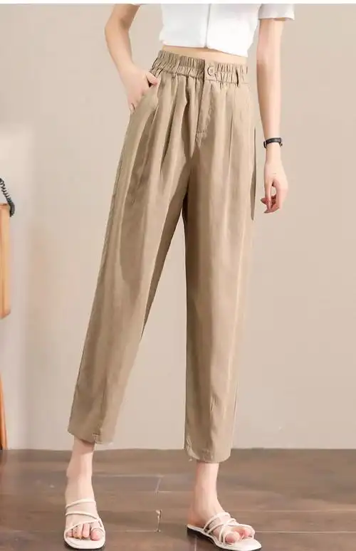 卡其色天丝亚麻裤子女夏季薄款显瘦小个子九分夏天透气棉麻哈伦裤