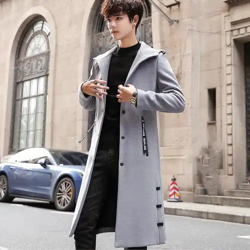 yuansu秋冬毛呢大衣男中长款韩版潮流长款过膝帅气春秋男款风衣呢子