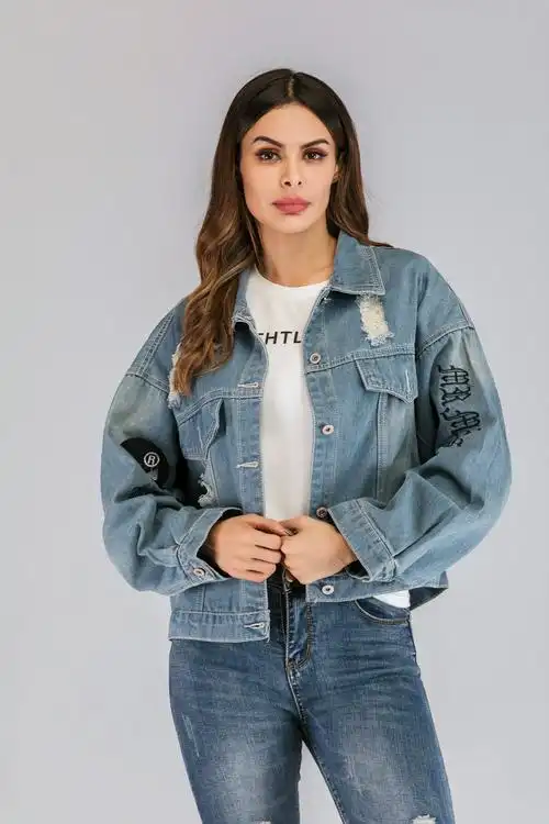 实拍现货外贸速卖通新款韩版宽松bf风刺绣英文牛仔外套女衣夹克潮