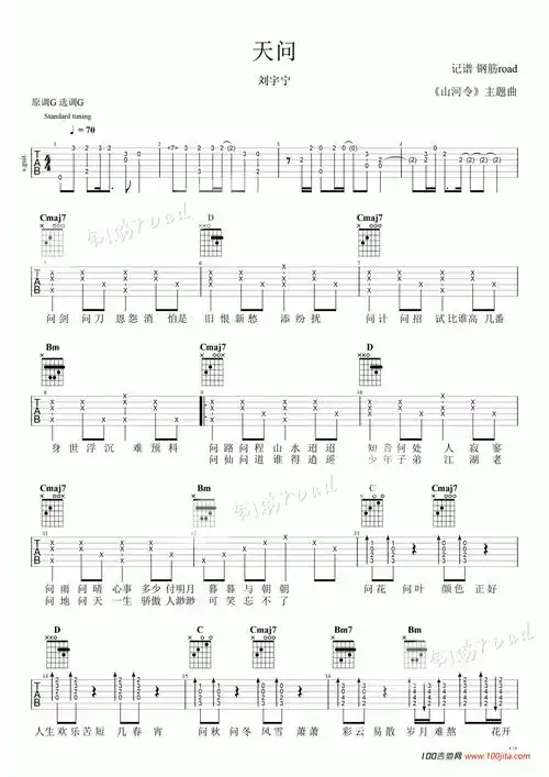 天问吉他谱_刘宇宁_g调吉他弹唱谱吉他六线谱曲谱图片第1张