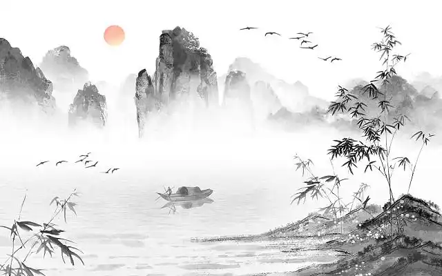 原创中国风竹子黑白国画水墨山水远山墙背景插画元素海报古风中国风