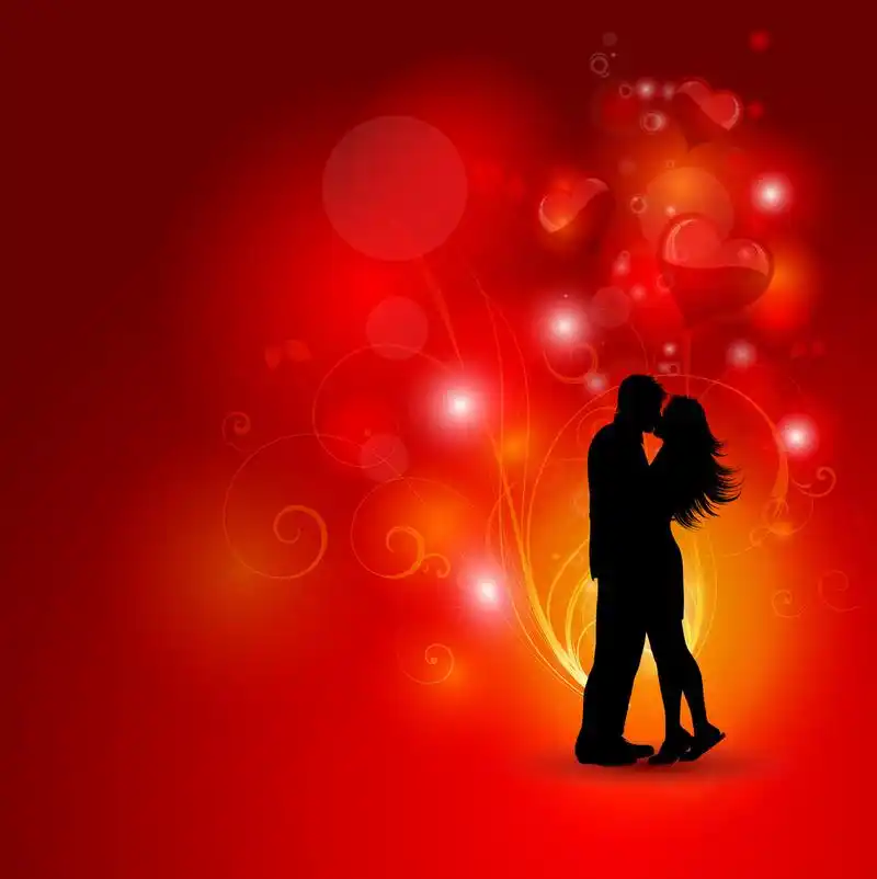 恩爱夫妻,恩爱的夫妻在装饰心背景上的剪影
