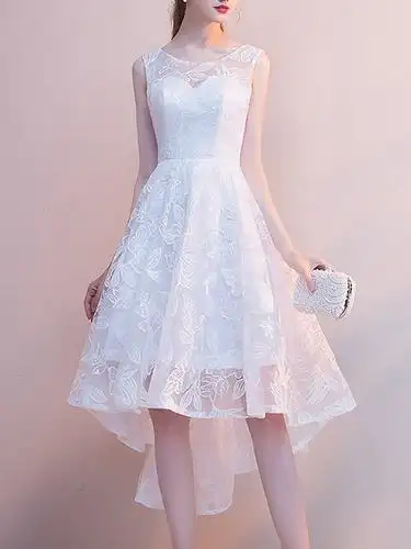 2018新款白色高低叶无袖领女士礼服