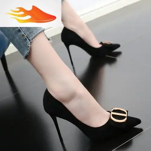 fishbasket尖头蝴蝶结高跟女鞋2019秋冬新款时尚细跟绒面浅口名媛单鞋