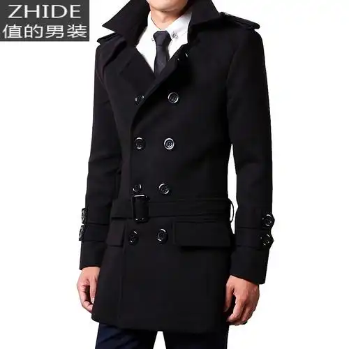 suntek冬装男士毛呢大衣中长款秋季双排扣青年风衣修身韩版男装加厚