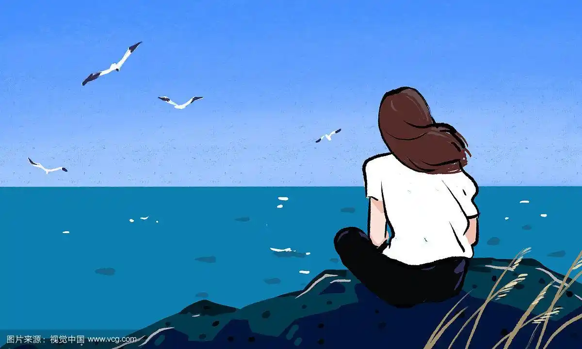 海边礁石上坐着的女孩背影插画
