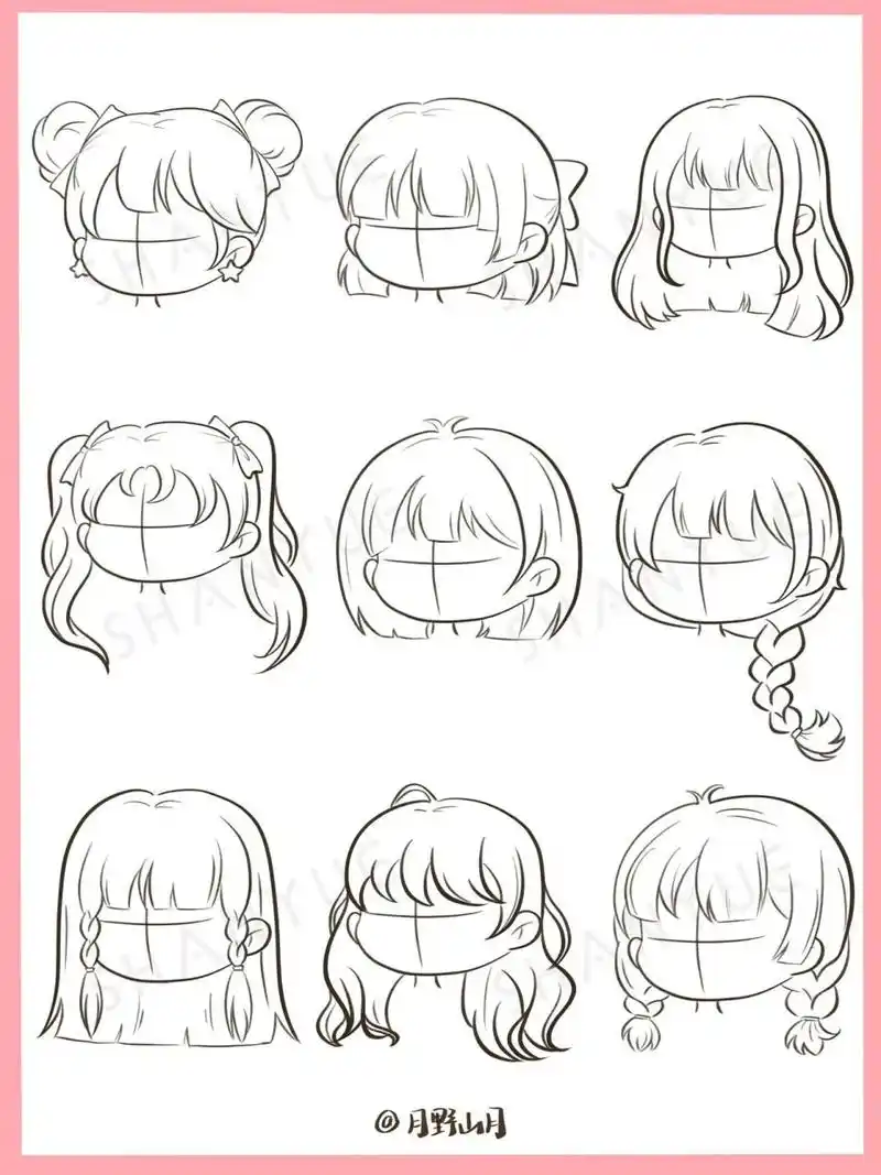 q版女生发型画法合集|女孩头发插画线稿素 一组常见的女生发型合集
