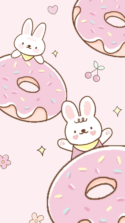 可爱趣味线描插画兔兔甜甜圈卡通手机壁纸