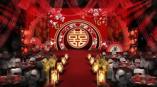 图手绘手绘新中式红金婚礼效果图红色民族风喜字传统中式婚礼背景展