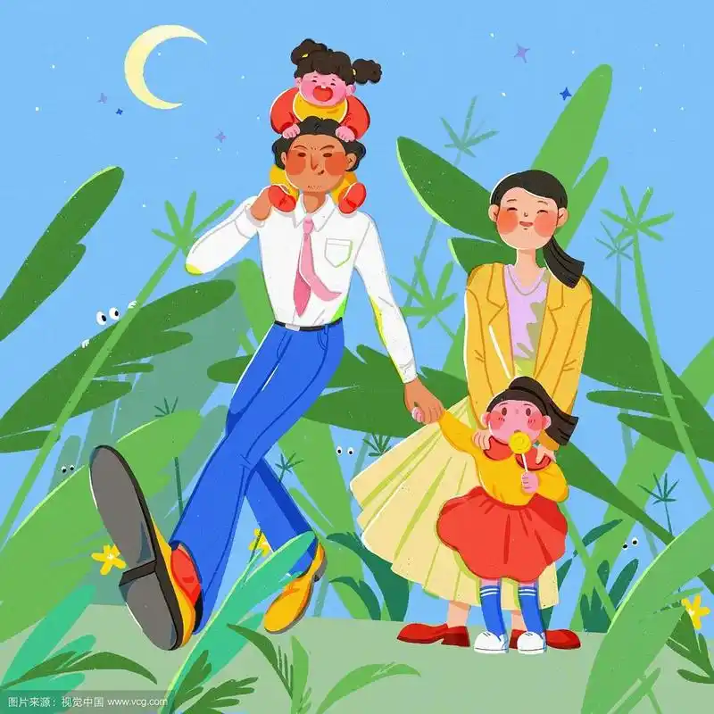 一家四口爸爸妈妈姐姐妹妹合影插画