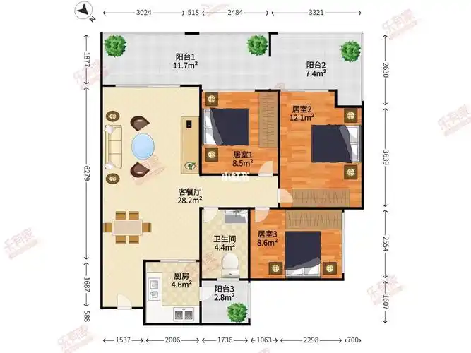 前海80平三房从阳台直达上学深大附中