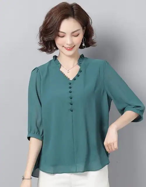 【京东好货】妈妈夏装短袖时尚雪纺衬衫2019新款中老年女装上衣大