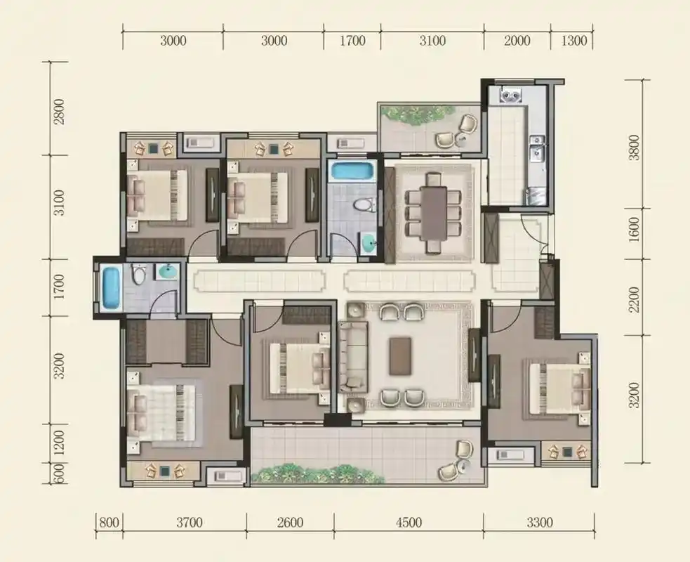 这个五室户型可以打95分,进户老人房卫生间的缺失让这个户型损失了5分