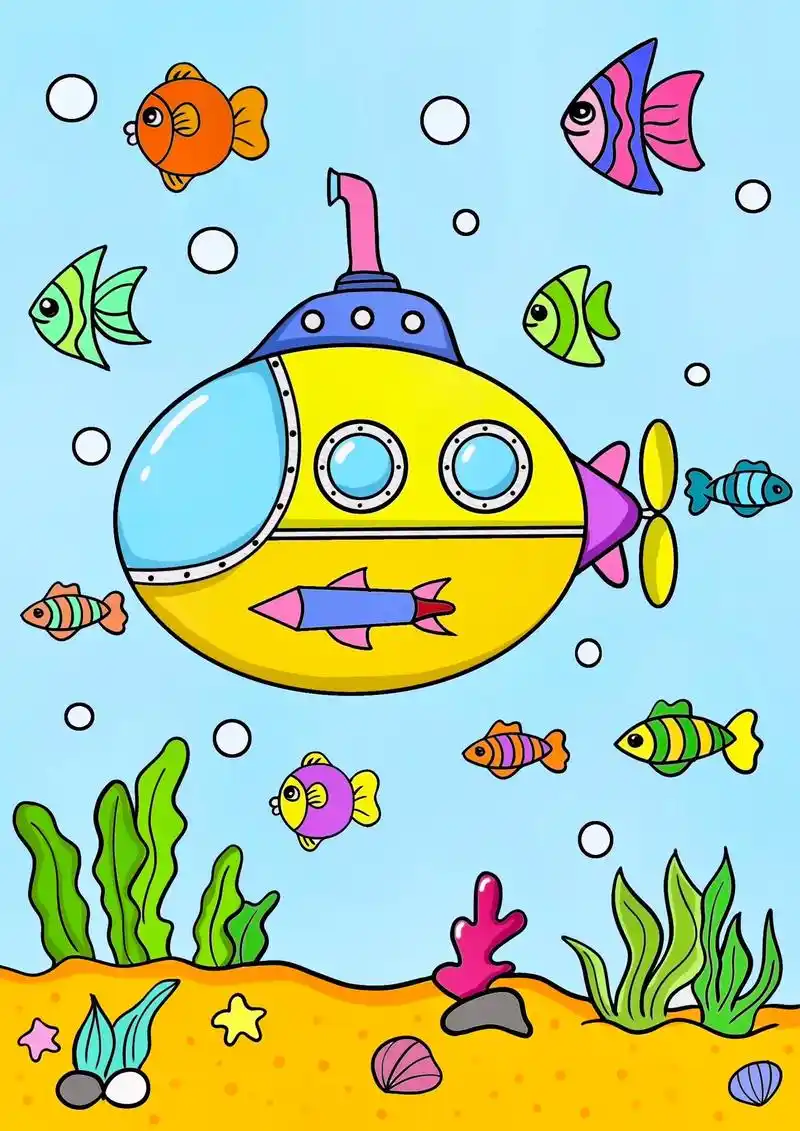 海底世界简笔画 #潜水艇简笔画 #少儿绘画 #鱼儿简笔画 #小学生绘画