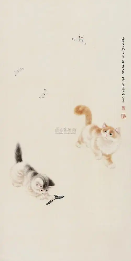 0058 猫蝶图 立轴 设色绢本