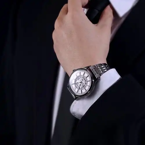 阿玛尼(emporio armani)手表 商务正装男士时尚腕表 钢带机械表镂空