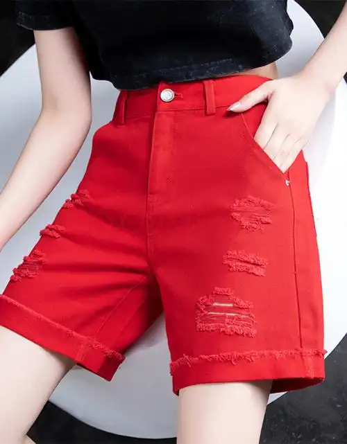 网小鱼破洞牛仔短裤女2021年新款红色裤子五分裤女夏季薄款宽松阔腿