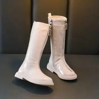 女童鞋儿童靴子小女孩长靴新款冬季加绒长筒高筒骑士时尚潮靴 白色 27