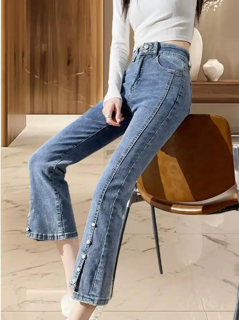 微喇牛仔裤女高腰夏季女装牛仔裤小直筒裤
