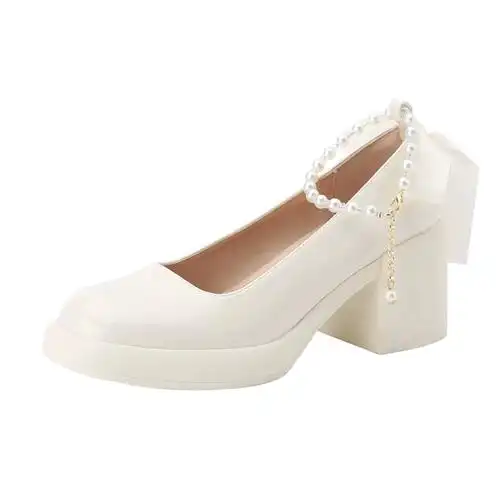 初系漆皮粗跟圆头玛丽珍新款女白色法式高跟鞋珍珠晚晚风单鞋