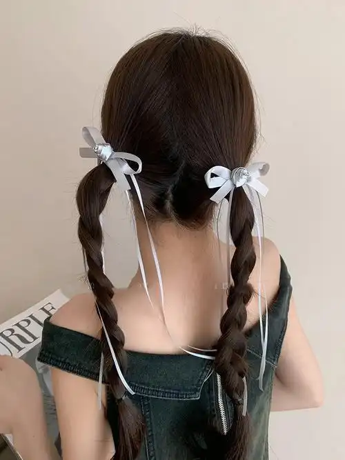 甜美风银色花朵蝴蝶结飘带发夹女后脑勺双马尾编发头饰小夹子发圈
