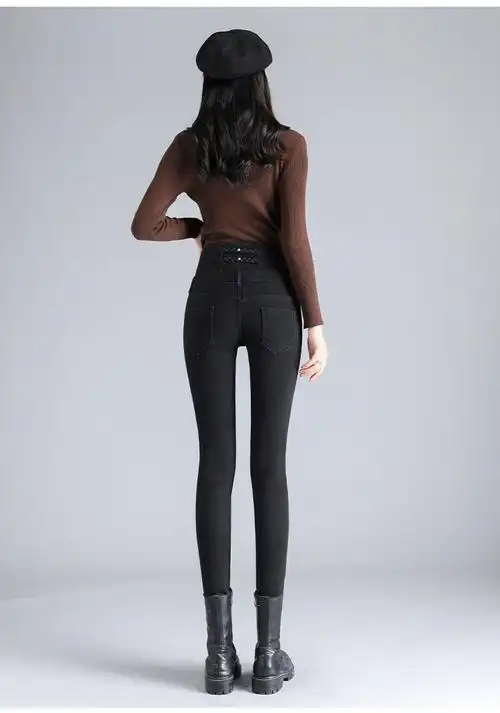 女装新款牛仔裤女薄款2021春秋新款韩版高腰排扣紧身弹力显瘦小脚铅笔