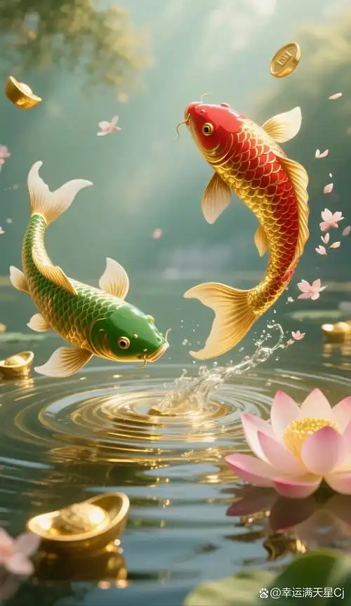 "金鱼跃水来送财,荷花绽放迎富贵