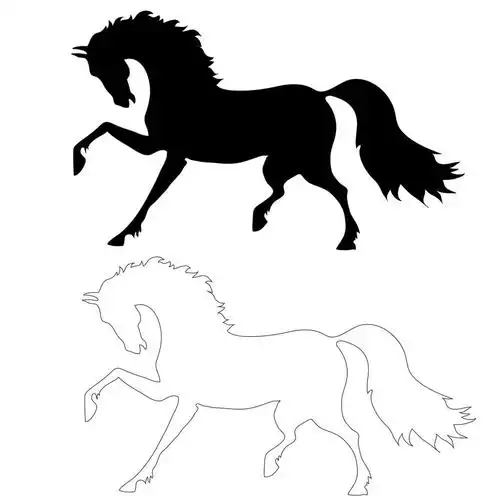 在议案中黑骏马,马的白色背景, 轮廓和线的议案