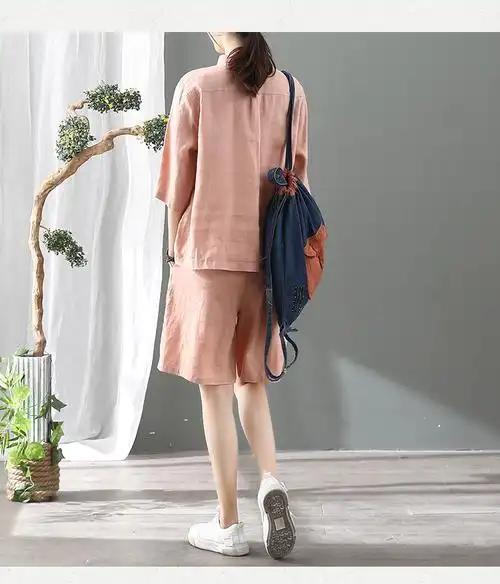 素订棉麻女装50岁小个子棉麻中袖文艺复古时尚套装女宽松亚麻中袖开衫