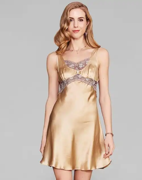 法诗菲fshifei香槟色时尚蕾丝真丝吊带裙