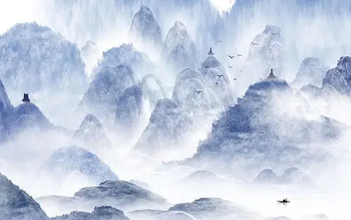 国画 中国风 山水 寺庙 意境 蓝色水墨插画