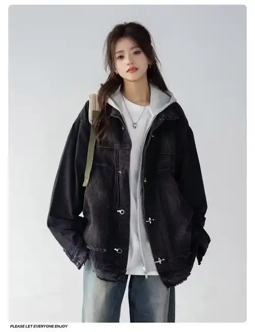 黑色牛仔外套女2023秋冬美式复古高级感宽松休闲潮夹克上衣 - 17网