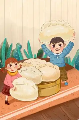 立冬元素卡通手绘装饰风立冬冬天冬至包饺子可爱人物背景原创插画