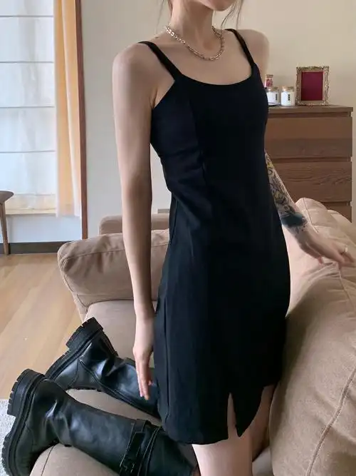 实拍实价侧开叉黑色抹胸吊带连衣裙女夏甜美小个子法式内搭a字裙