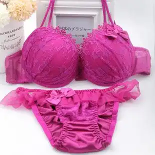 外贸出口日单少女文胸超仙蕾丝粉色玫红聚拢文胸内衣套装