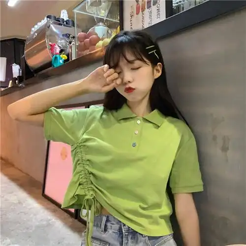 牛油果绿色t恤短款女夏装宽松韩版少女学院风抹茶绿短袖露脐上衣