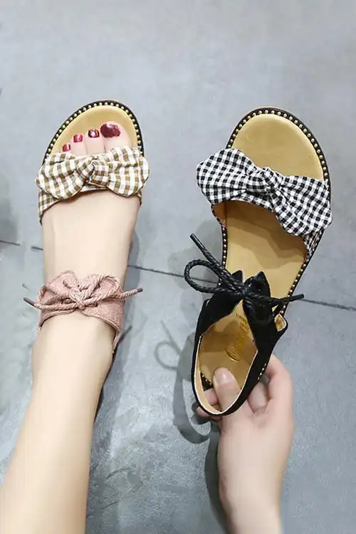 凉鞋女夏学生韩版原宿风新款平底绑带百搭社会软妹可爱蝴蝶结鞋子