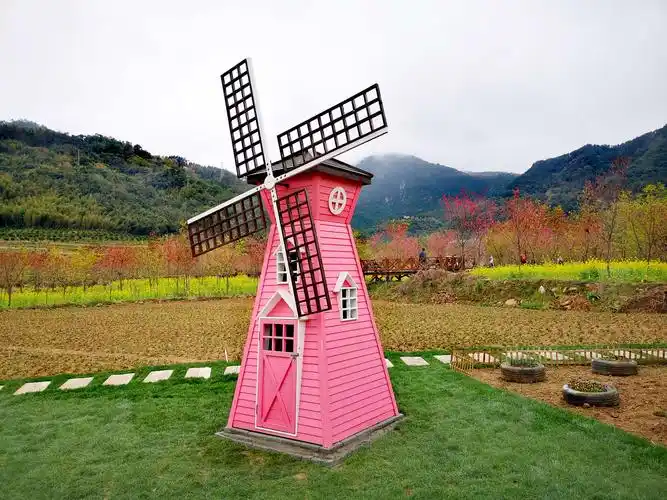 美丽的粉红色小风车房在绿色的草地广场上显得格外亮丽.