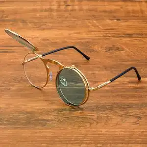 新款蒸汽朋克双层翻盖墨镜男士复古圆形框太阳镜舞台演出可配近视